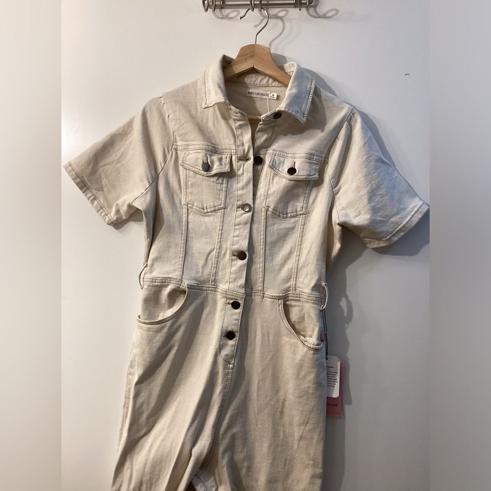 Avec Les Filles Tie Waist Denim Jumpsuit – Ecru Cream Women’s‎ One Piece - Picture 4 of 15
